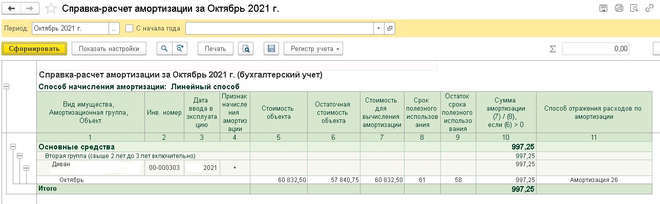 Диван группа учета основных средств